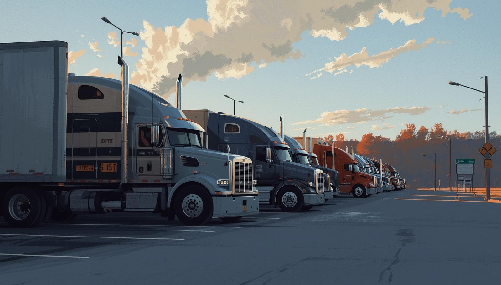 A row of heavy-duty commercial trucks parked at a Northeast fleet yard, mix of older and newer models