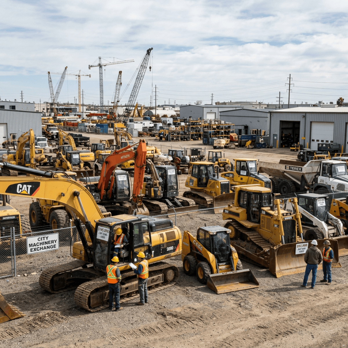 Construction equipment yard with excavators and skid steers lined up for sale