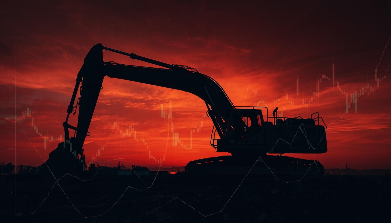 Excavator silhouetted against red sky with oil price volatility chart overlay