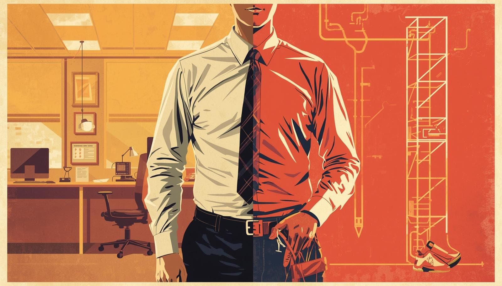A person transitioning from office work to the skilled trades, split between corporate and job site